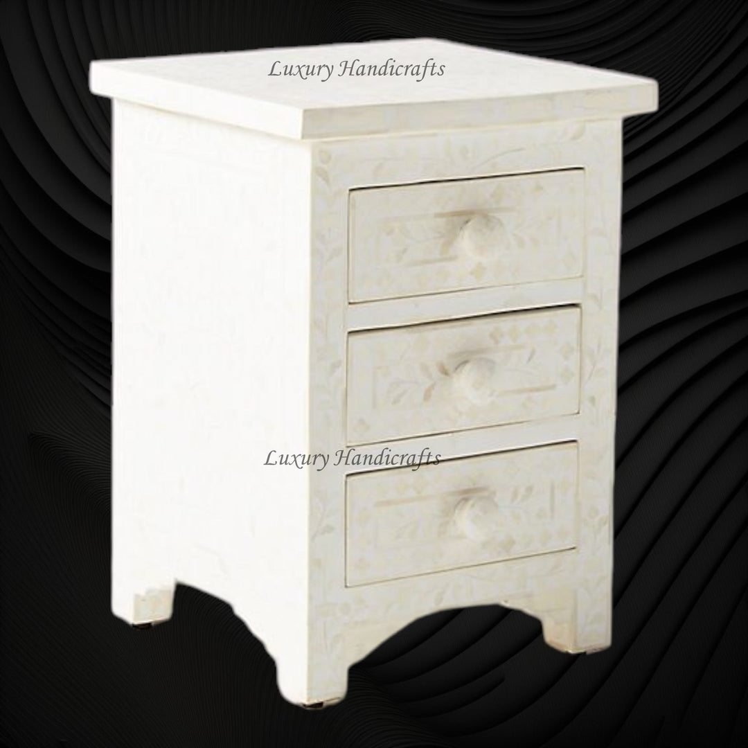Bone Inlay Floral 3 Drawers Bedside White | Luxury Night Tables