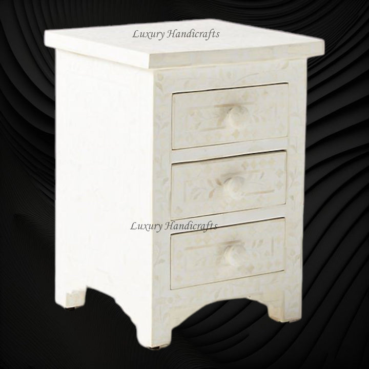 Bone Inlay Floral 3 Drawers Bedside White | Luxury Night Tables