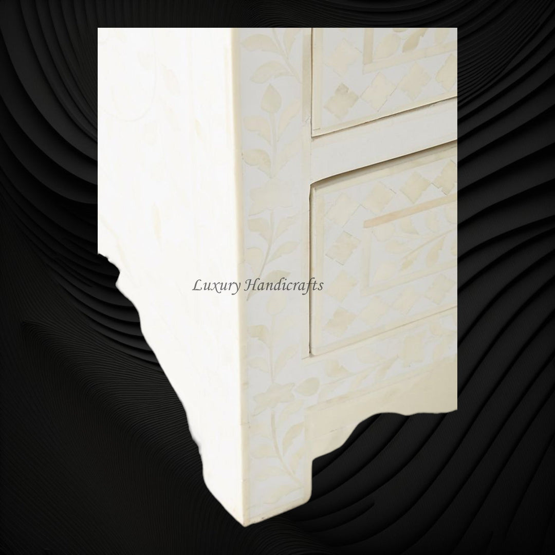 Bone Inlay Floral 3 Drawers Bedside White | Luxury Night Tables