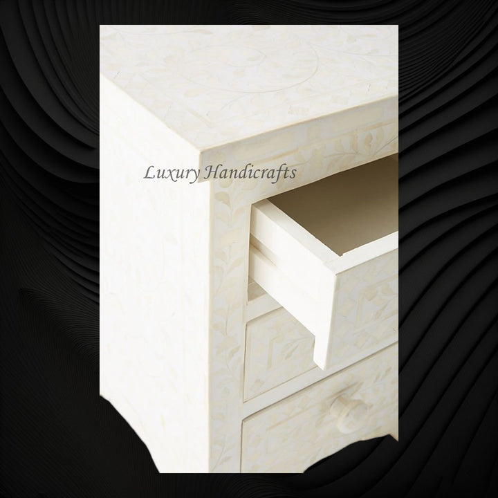 Bone Inlay Floral 3 Drawers Bedside White | Luxury Night Tables