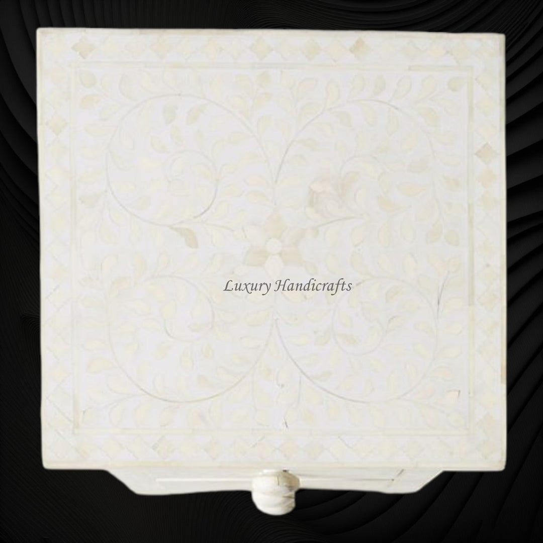 Bone Inlay Floral 3 Drawers Bedside White | Luxury Night Tables
