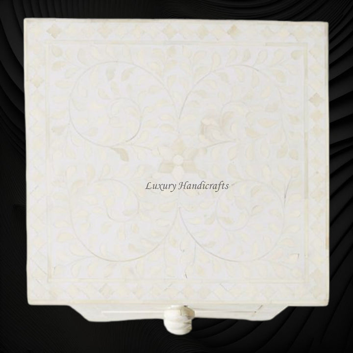 Bone Inlay Floral 3 Drawers Bedside White | Luxury Night Tables