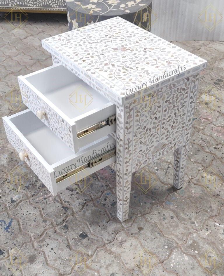 Mehrab Mother Of Pearl Inlay Floral 2 Drawer Bedside White