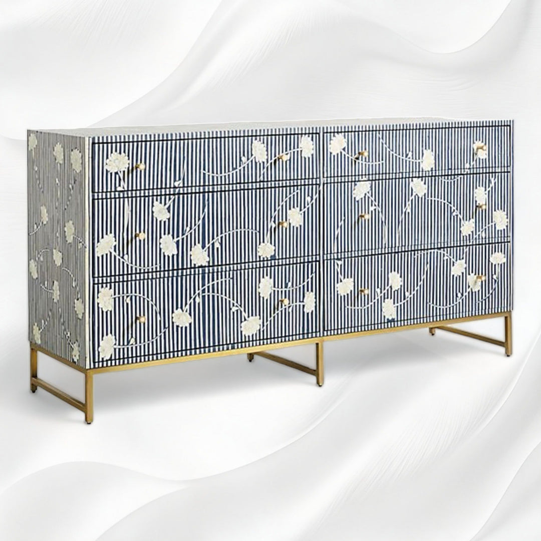 Ada Bone Inlay Chest of 6 Drawers Indigo Blue