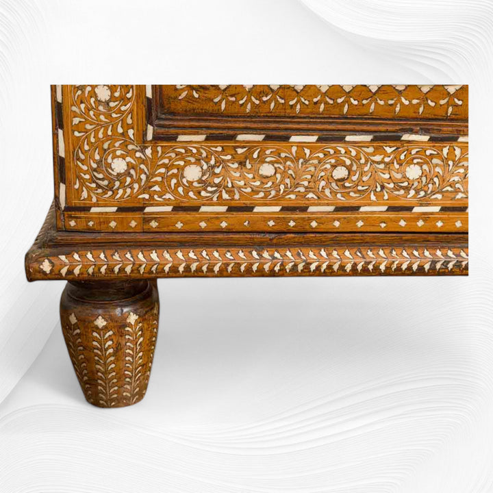 Vintage Anglo Indian Teak Wood Wardrobe Bone Inlay Natural