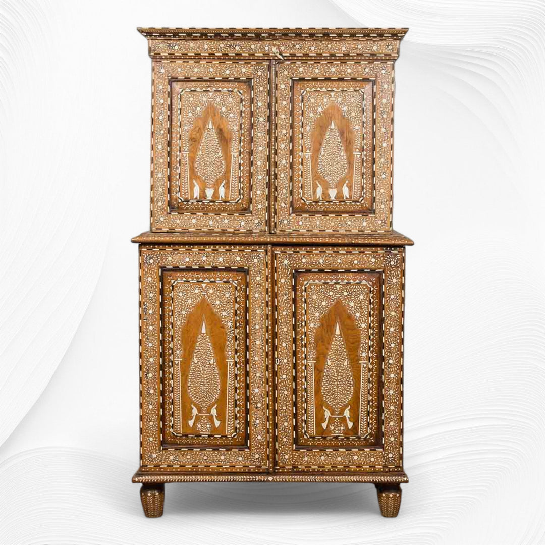 Vintage Anglo Indian Teak Wood Wardrobe Bone Inlay Natural