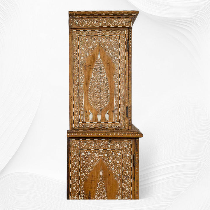Vintage Anglo Indian Teak Wood Wardrobe Bone Inlay Natural