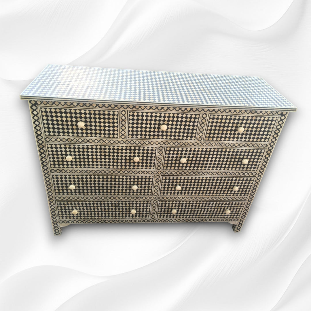 Black Bone Inlay 9 Drawer Checks Design Chest