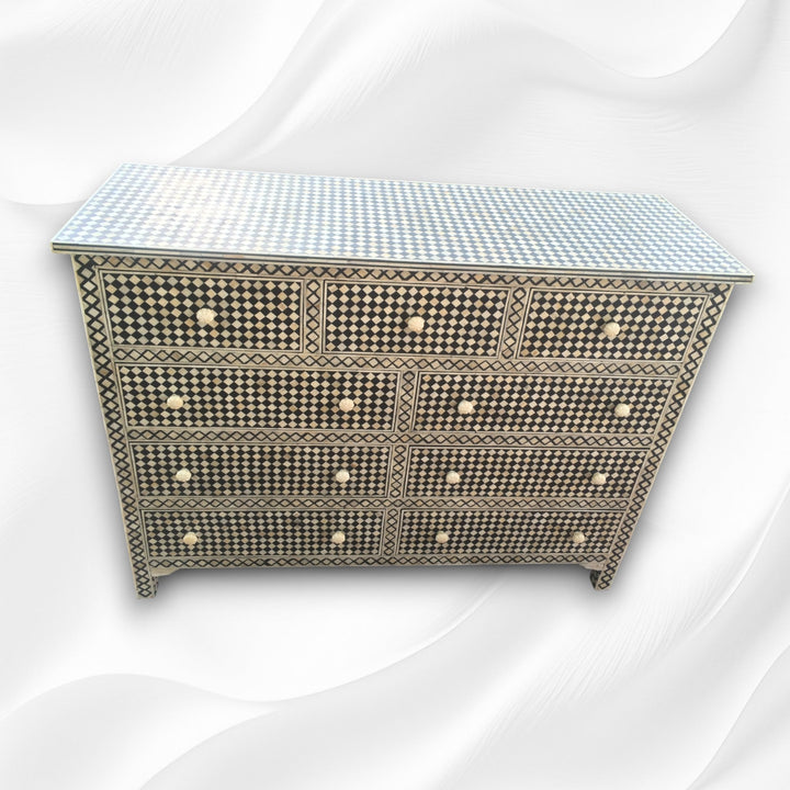 Black Bone Inlay 9 Drawer Checks Design Chest