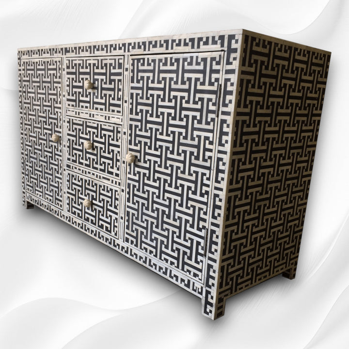 Black Bone Inlay Tic Tac 3 Drawer 2 Door Sideboard
