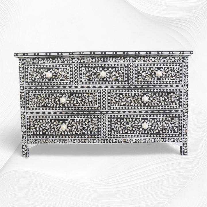 Black Mother Of Pearl Inlay Chest Of 7 Drawers Large