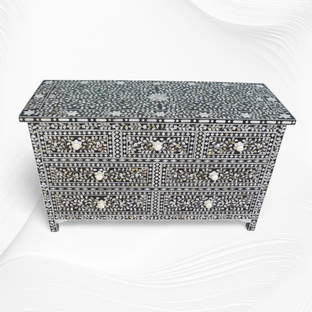Black Mother Of Pearl Inlay Chest Of 7 Drawers Large