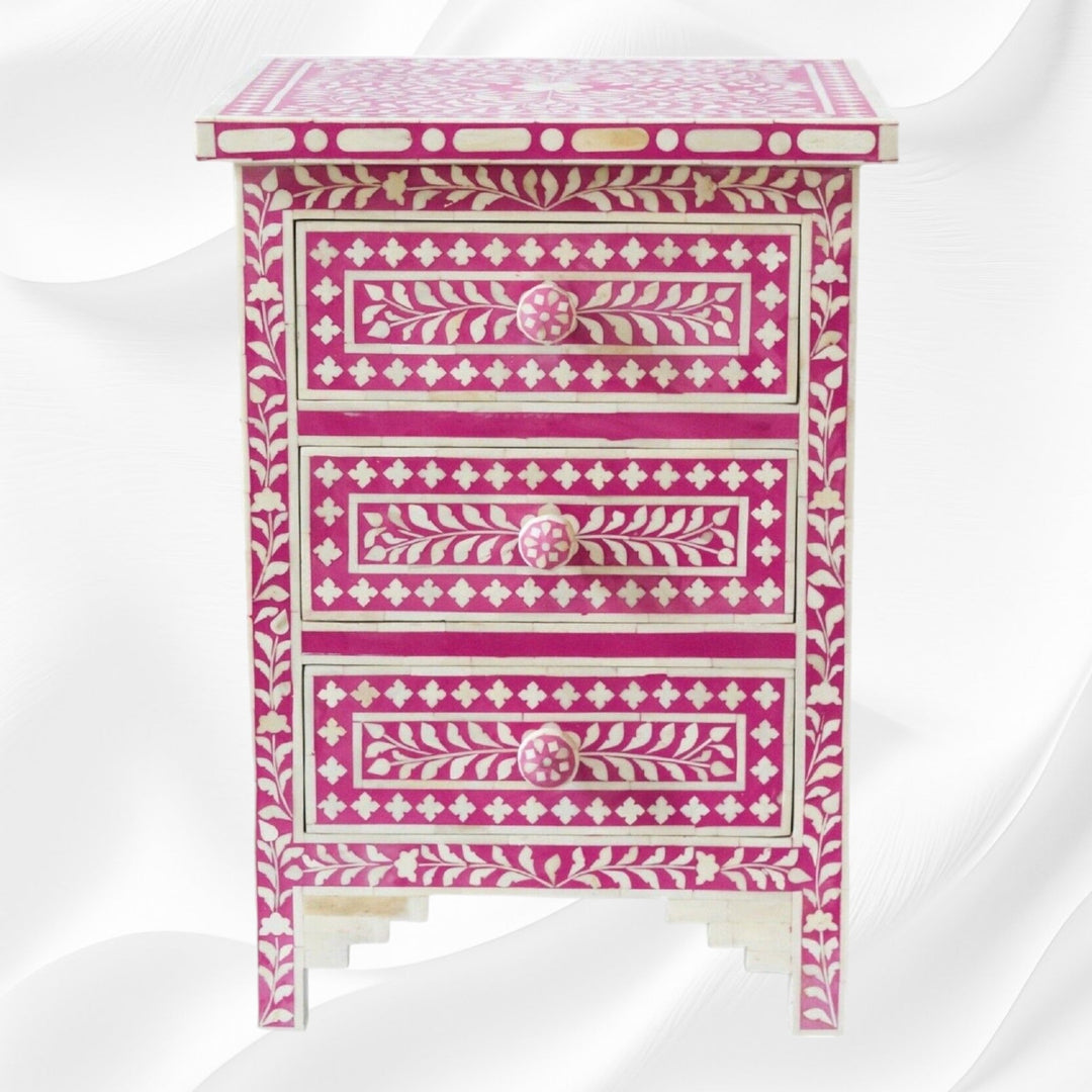 Bone Inlay Floral 3 Drawers Bedside Pink Table