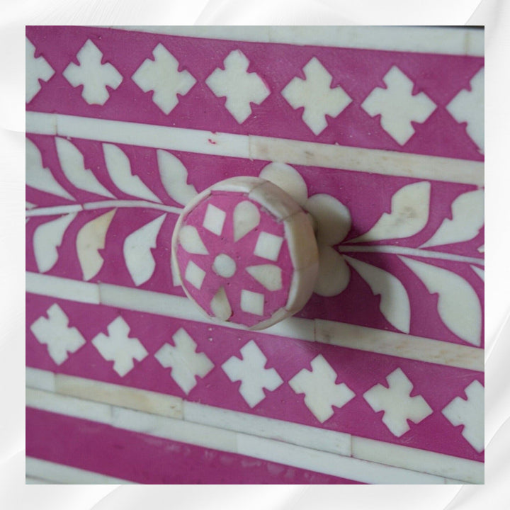 Bone Inlay Floral 3 Drawers Bedside Pink Table