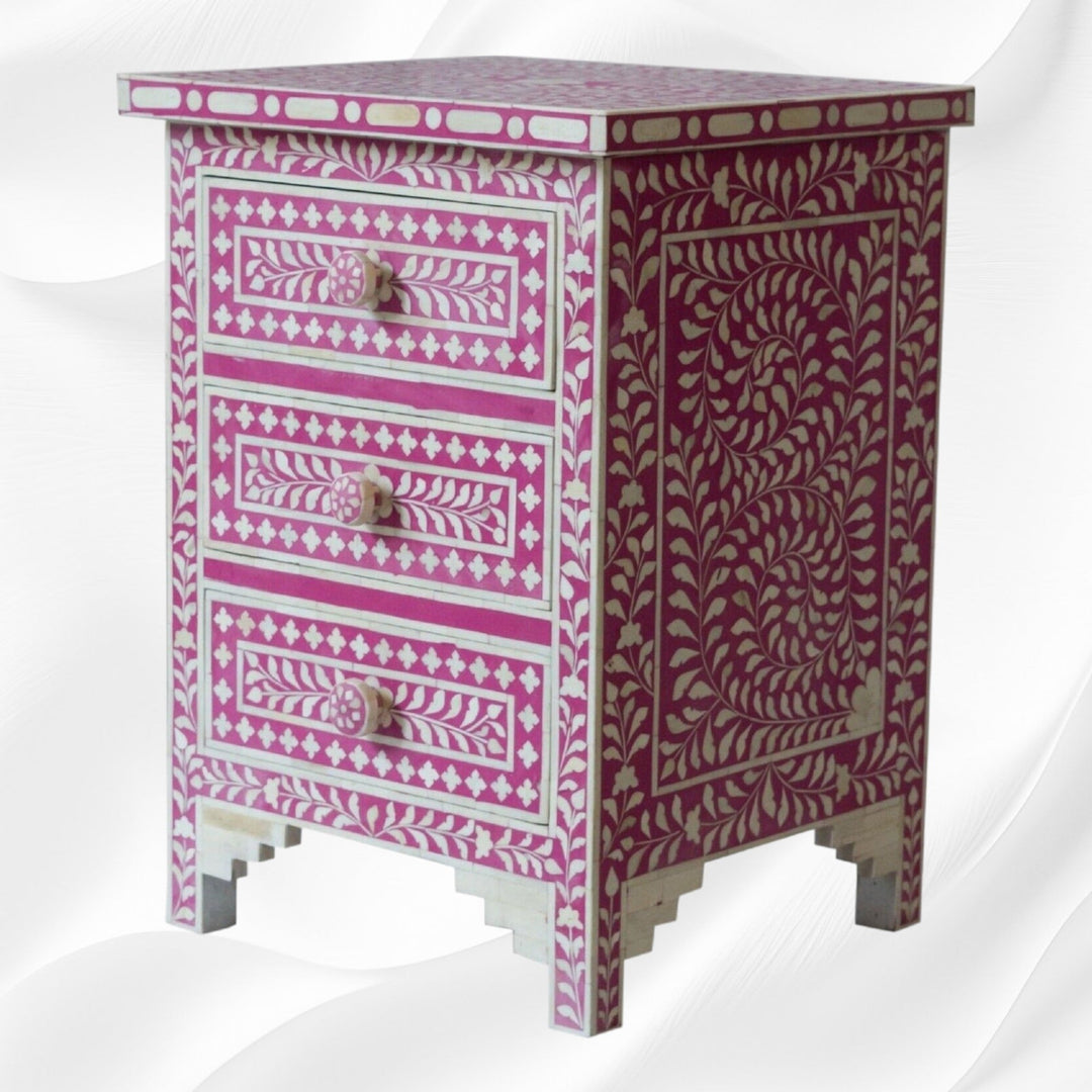 Bone Inlay Floral 3 Drawers Bedside Pink Table