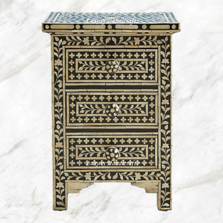 Bone Inlay Floral 3 Drawers Bedside Black | Luxury Bedside Table