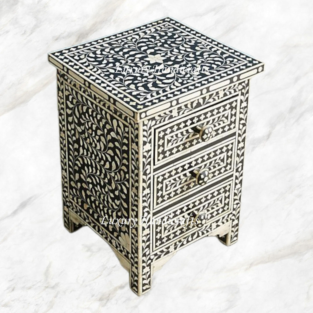 Bone Inlay Floral 3 Drawers Bedside Black | Luxury Bedside Table