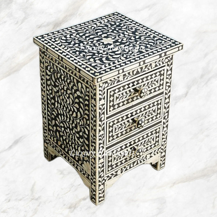 Bone Inlay Floral 3 Drawers Bedside Black | Luxury Bedside Table