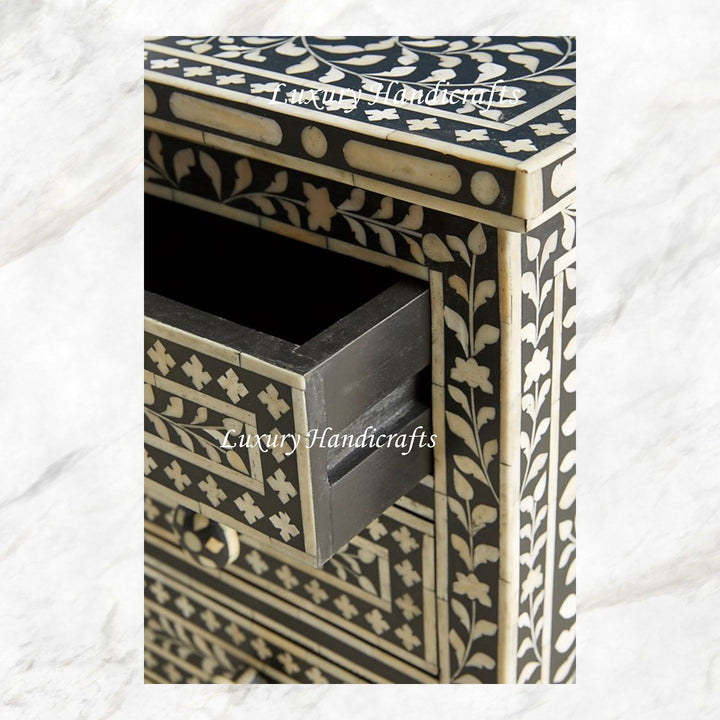 Bone Inlay Floral 3 Drawers Bedside Black | Luxury Bedside Table
