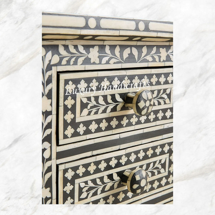 Bone Inlay Floral 3 Drawers Bedside Black | Luxury Bedside Table