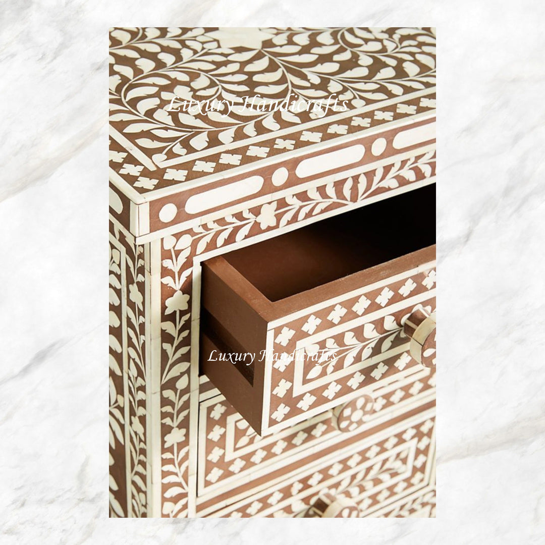 Bone Inlay Floral 3 Drawers Bedside Brown Table