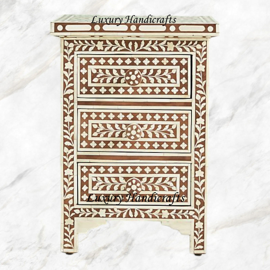 Bone Inlay Floral 3 Drawers Bedside Brown Table