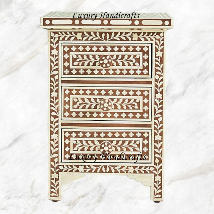 Bone Inlay Floral 3 Drawers Bedside Brown Table