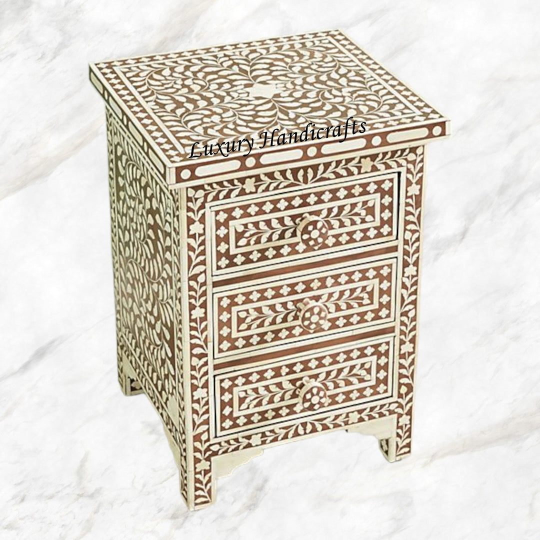 Bone Inlay Floral 3 Drawers Bedside Brown Table
