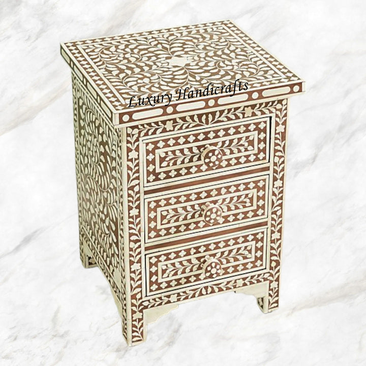 Bone Inlay Floral 3 Drawers Bedside Brown Table