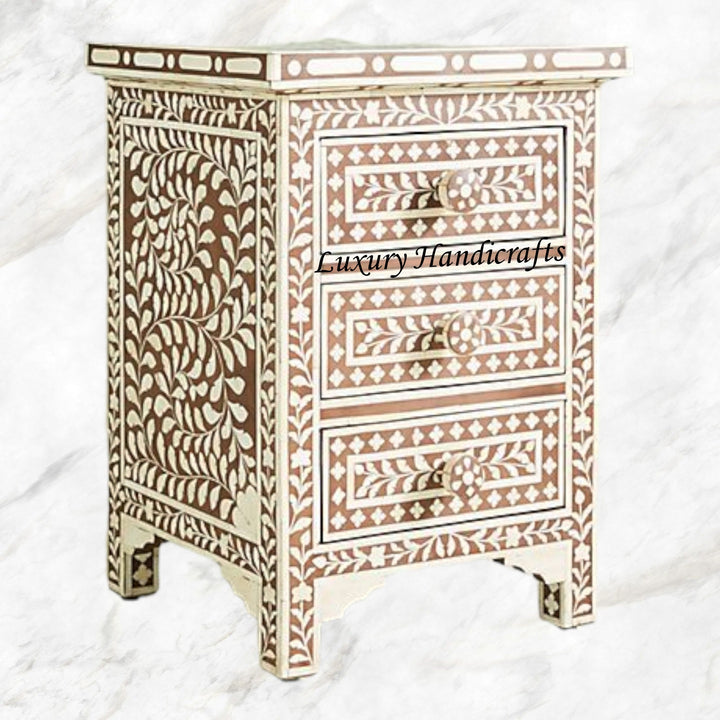 Bone Inlay Floral 3 Drawers Bedside Brown Table