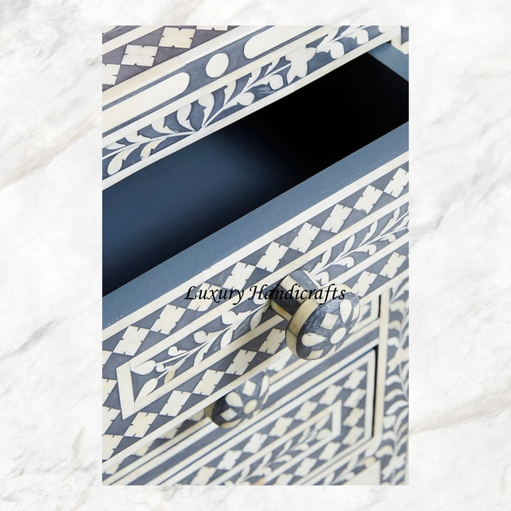 Bone Inlay Floral 3 Drawers Bedside Grey