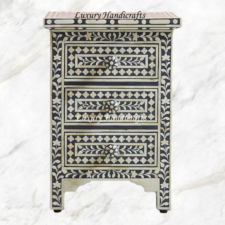 Bone Inlay Floral 3 Drawers Bedside Grey