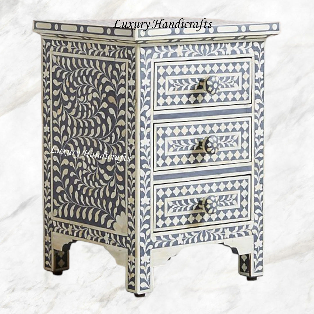 Bone Inlay Floral 3 Drawers Bedside Grey