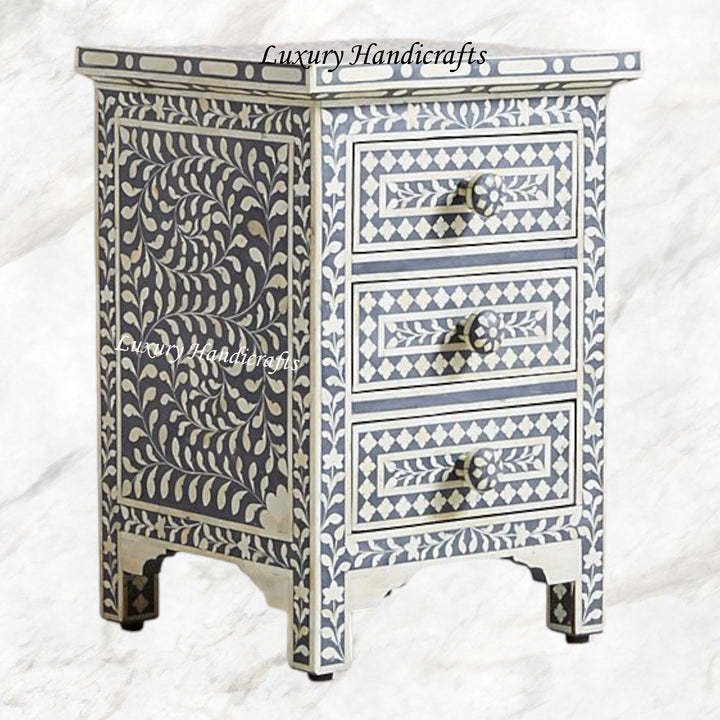 Bone Inlay Floral 3 Drawers Bedside Grey