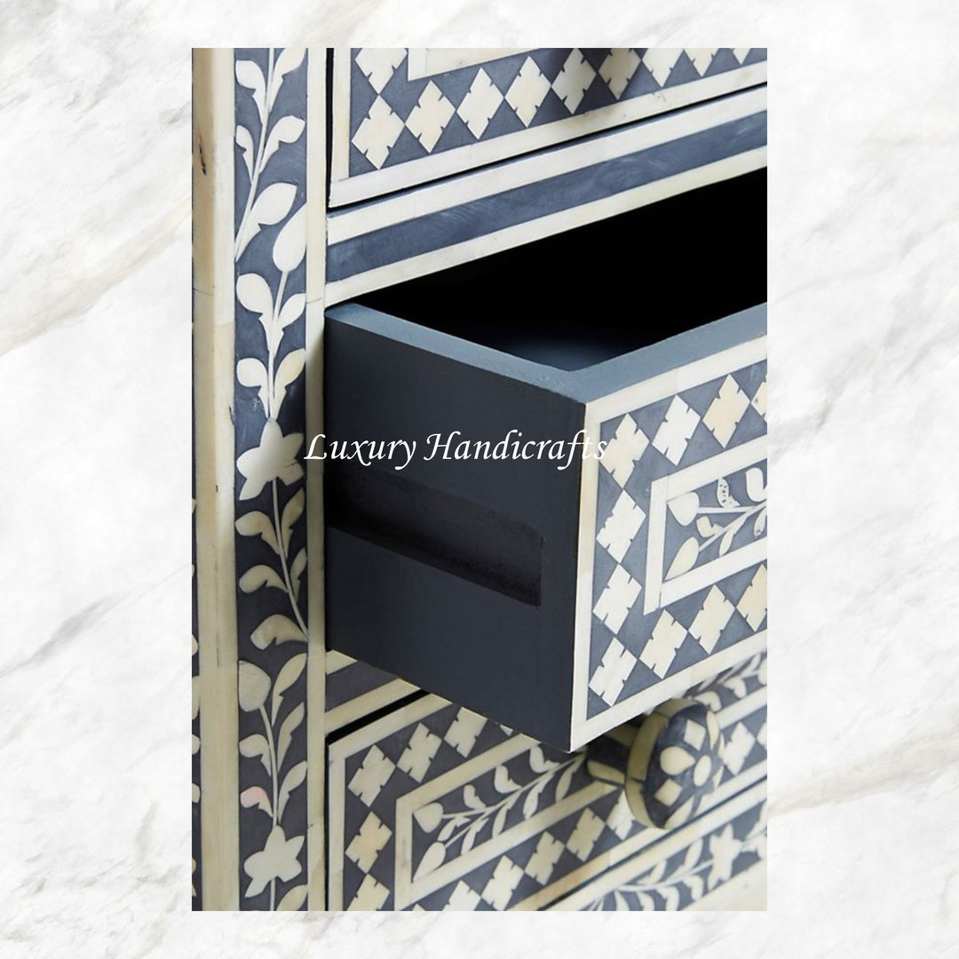 Bone Inlay Floral 3 Drawers Bedside Grey