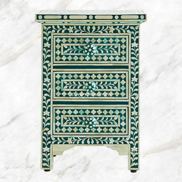 Bone Inlay Floral 3 Drawers Bedside Teal Green Table
