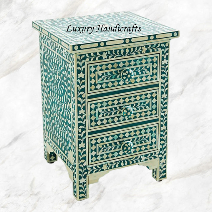Bone Inlay Floral 3 Drawers Bedside Teal Green Table