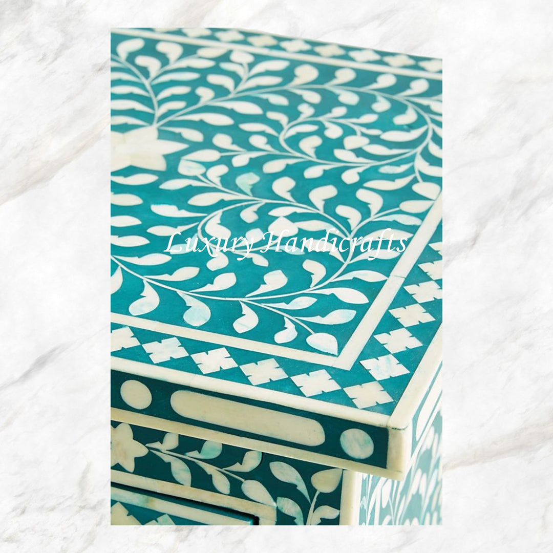 Bone Inlay Floral 3 Drawers Bedside Teal Green Table