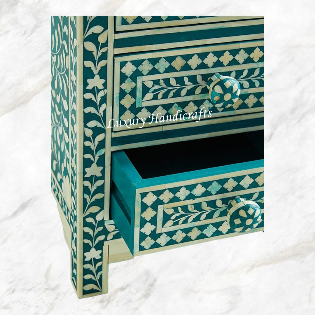 Bone Inlay Floral 3 Drawers Bedside Teal Green Table
