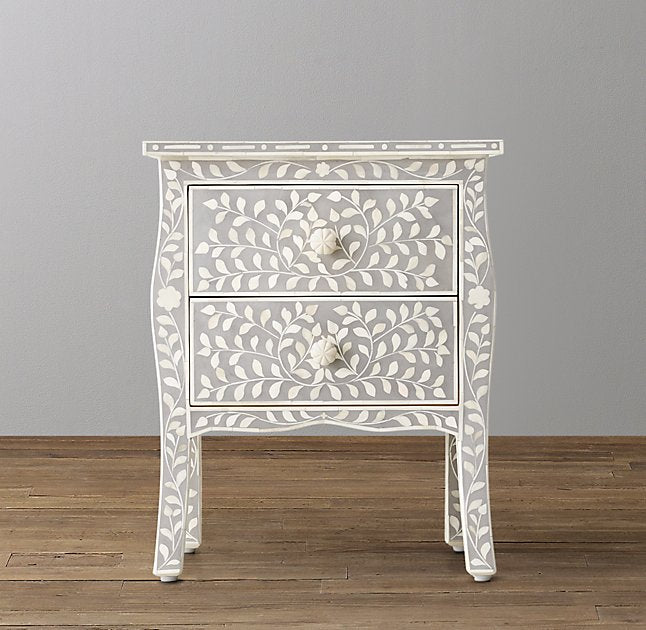 Bone Inlay Curved 2 Drawer Bedside Floral Design Grey