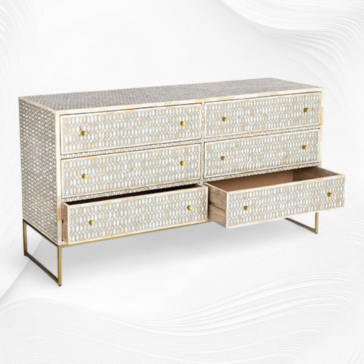 Bone Inlay 6 Drawer Chest Lattice Grey