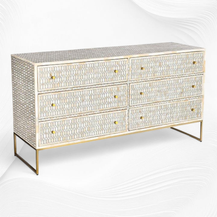 Bone Inlay 6 Drawer Chest Lattice Grey
