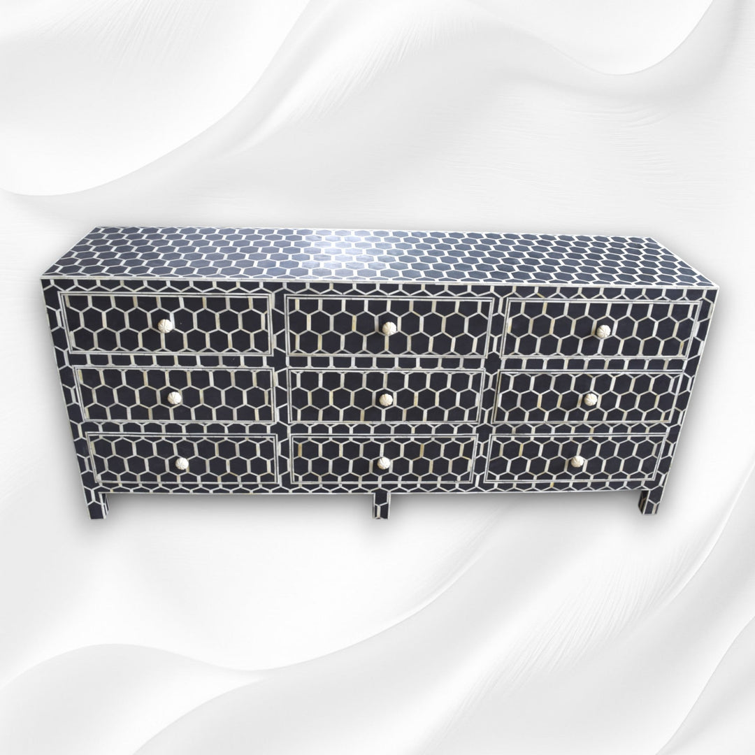 Bone Inlay 9 Drawer Chest Honeycomb Black