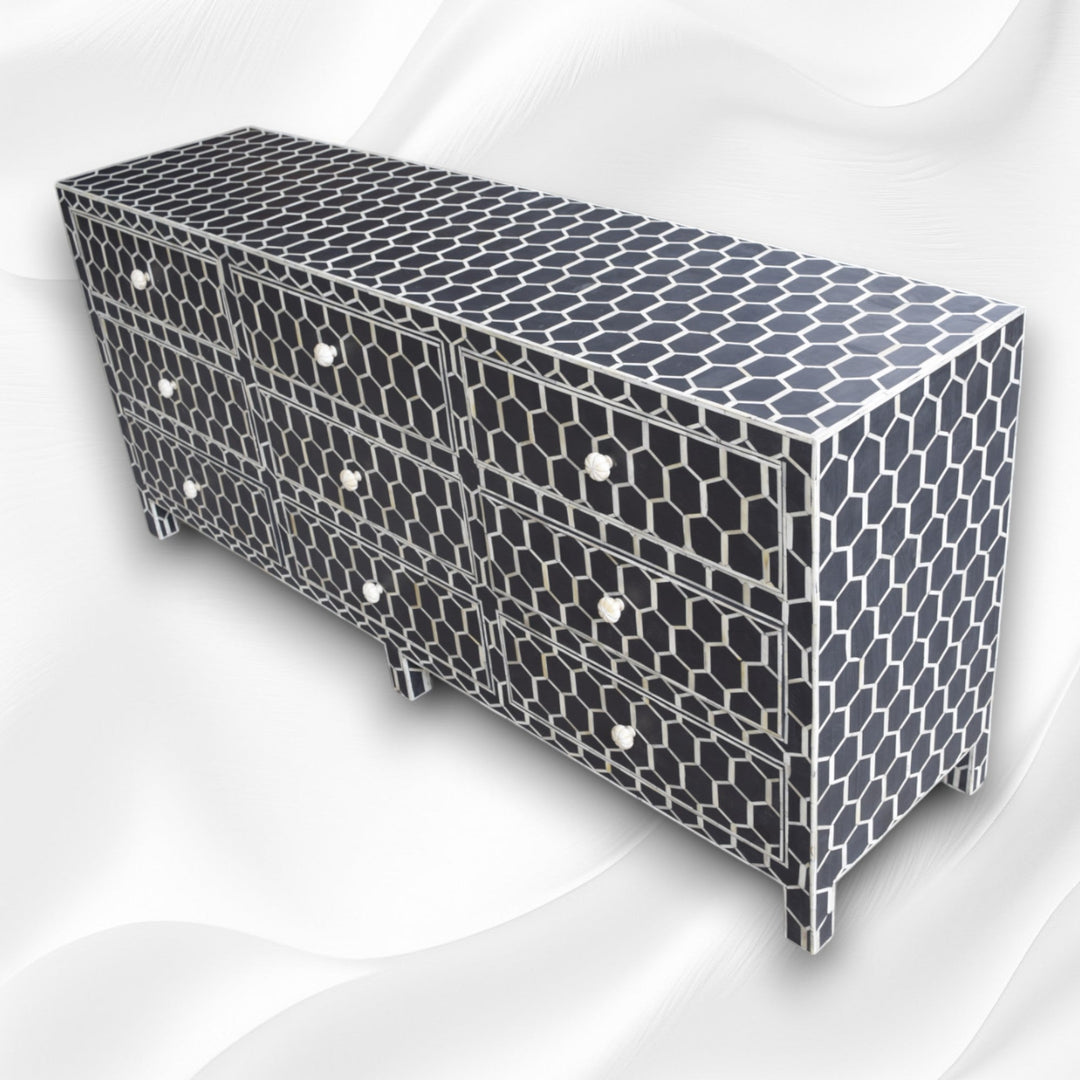Bone Inlay 9 Drawer Chest Honeycomb Black