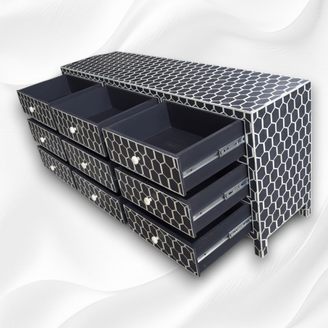 Bone Inlay 9 Drawer Chest Honeycomb Black