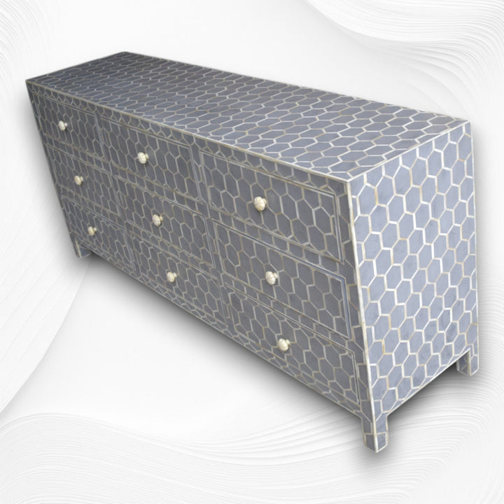 Bone Inlay 9 Drawer Chest Honeycomb Grey