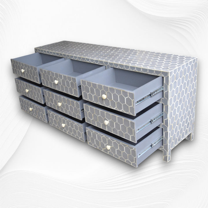 Bone Inlay 9 Drawer Chest Honeycomb Grey