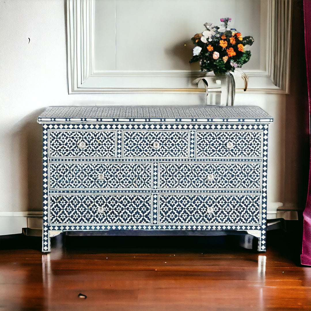 Navy Blue Bone Inlay Arctic Chest Of 7 Drawers