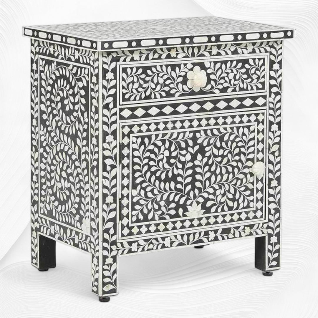 Bone Inlay Bedside Floral 1 Drawer 1 Door Black