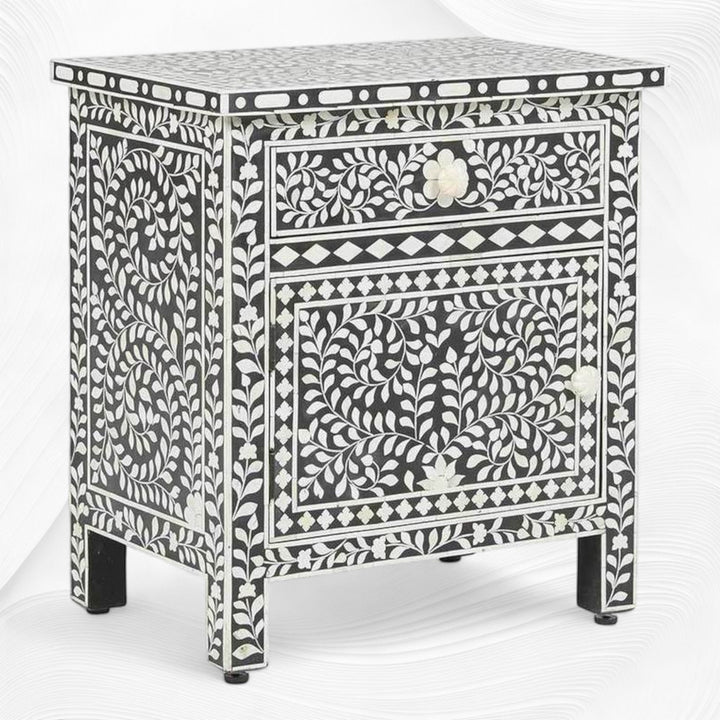 Bone Inlay Bedside Floral 1 Drawer 1 Door Black